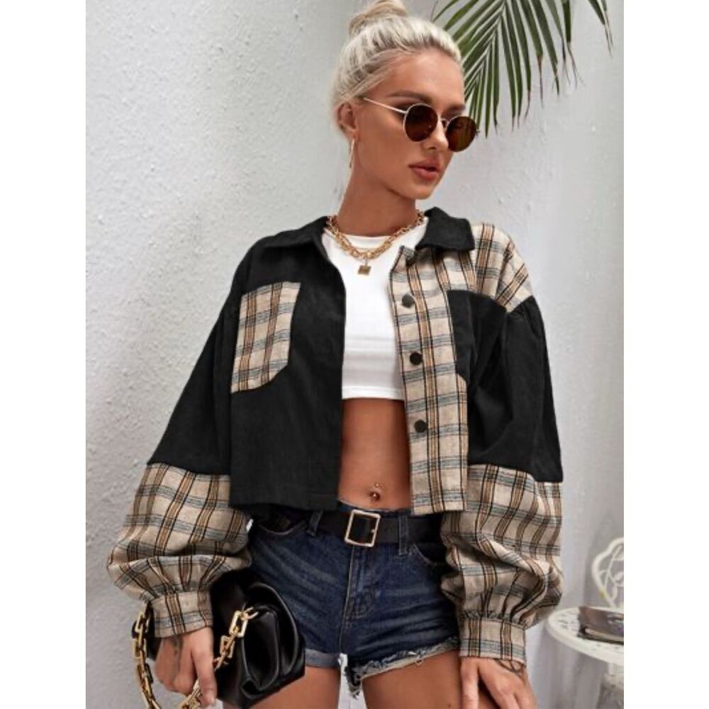 SHEIN Tartan Panel Corduroy Crop Shacket Size Medium‎